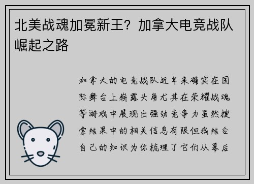 北美战魂加冕新王？加拿大电竞战队崛起之路